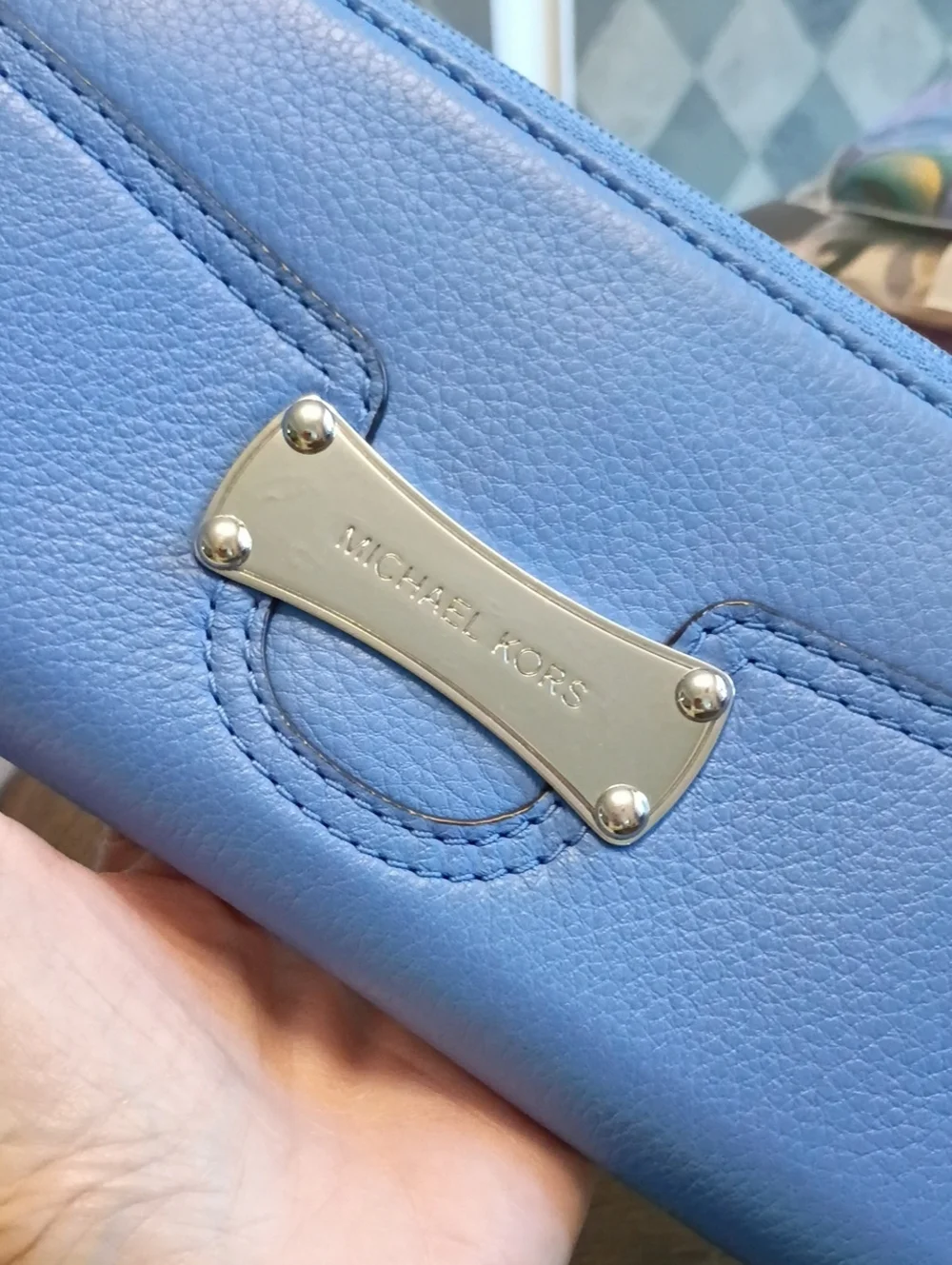 Michael Kors Light Blue Pebbled Zip Wallet with Silver Plaque